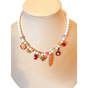 Handmade Beaded Necklace With White Beads & Assorted Fruit-Themed Charms Includi